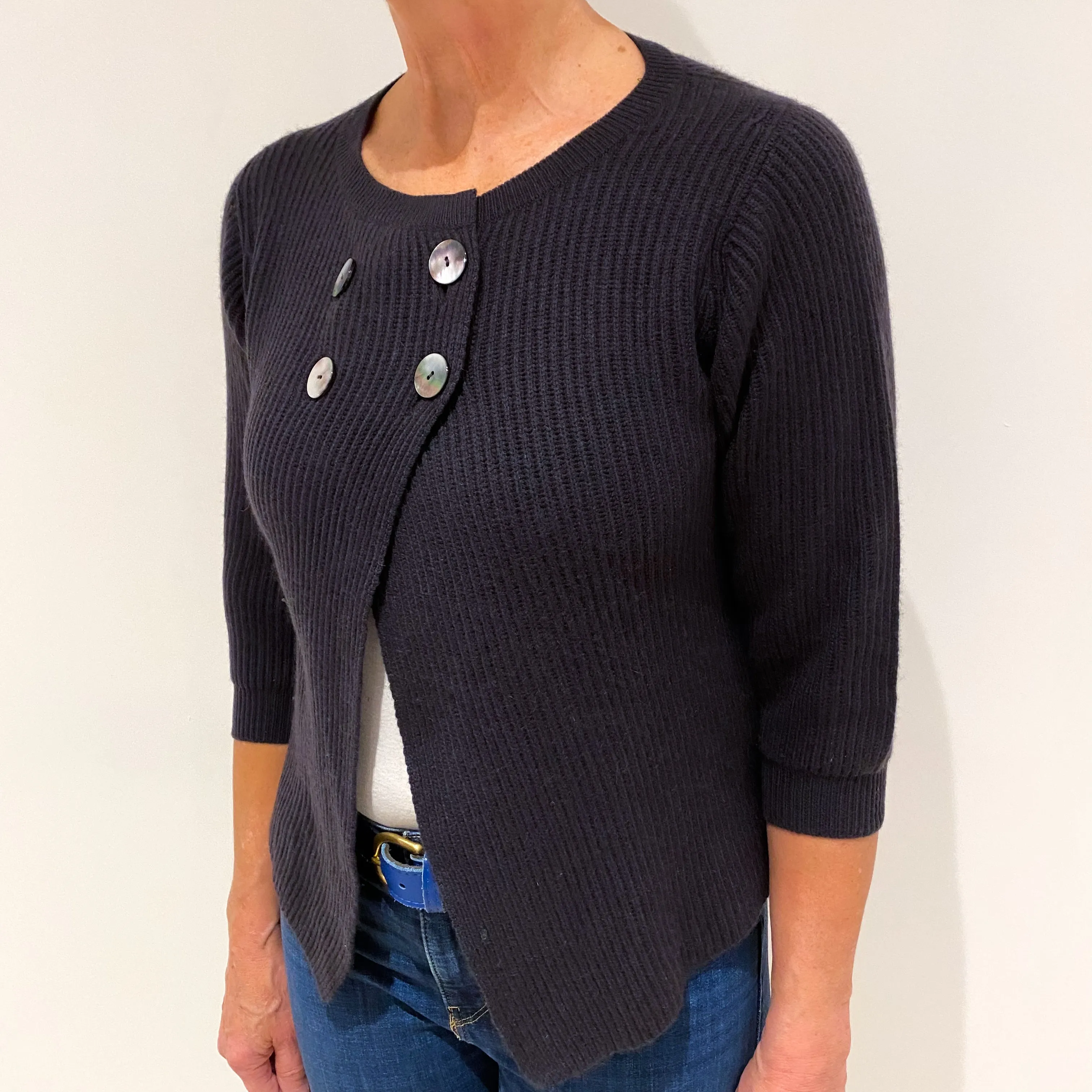 Dark Grey Rib Cashmere Crew Neck Cardigan Medium