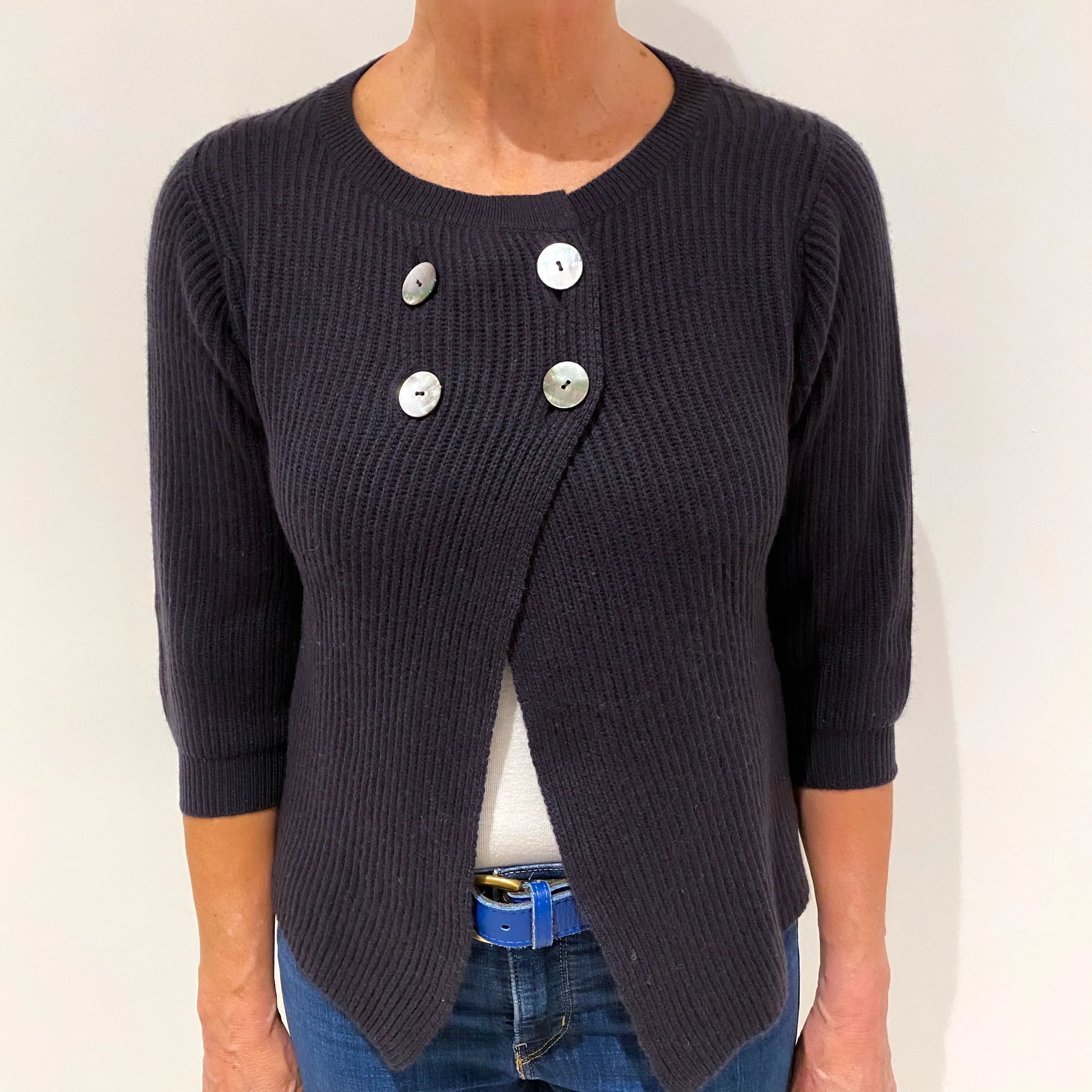 Dark Grey Rib Cashmere Crew Neck Cardigan Medium