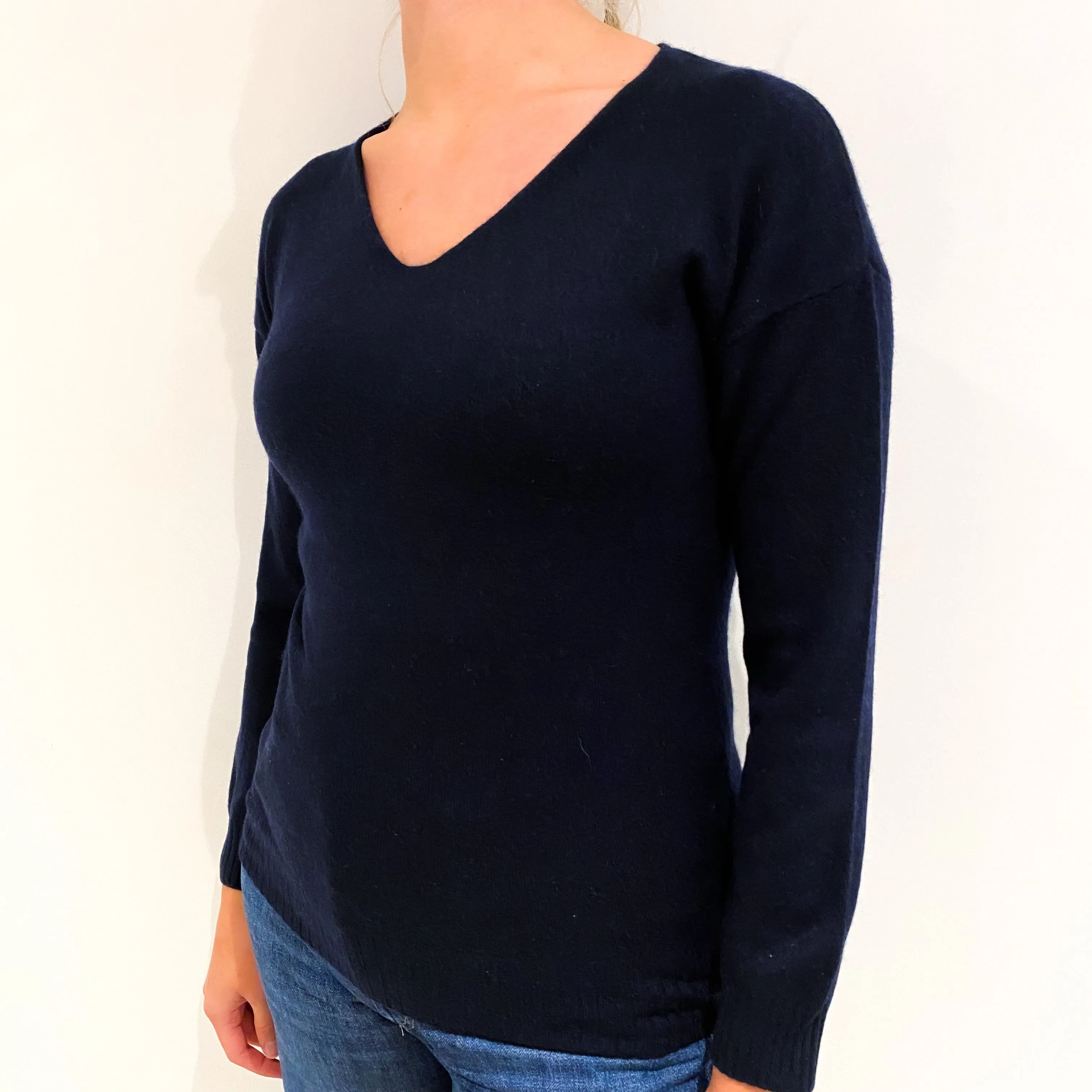 Dark Navy Cashmere V-Neck Jumper Small