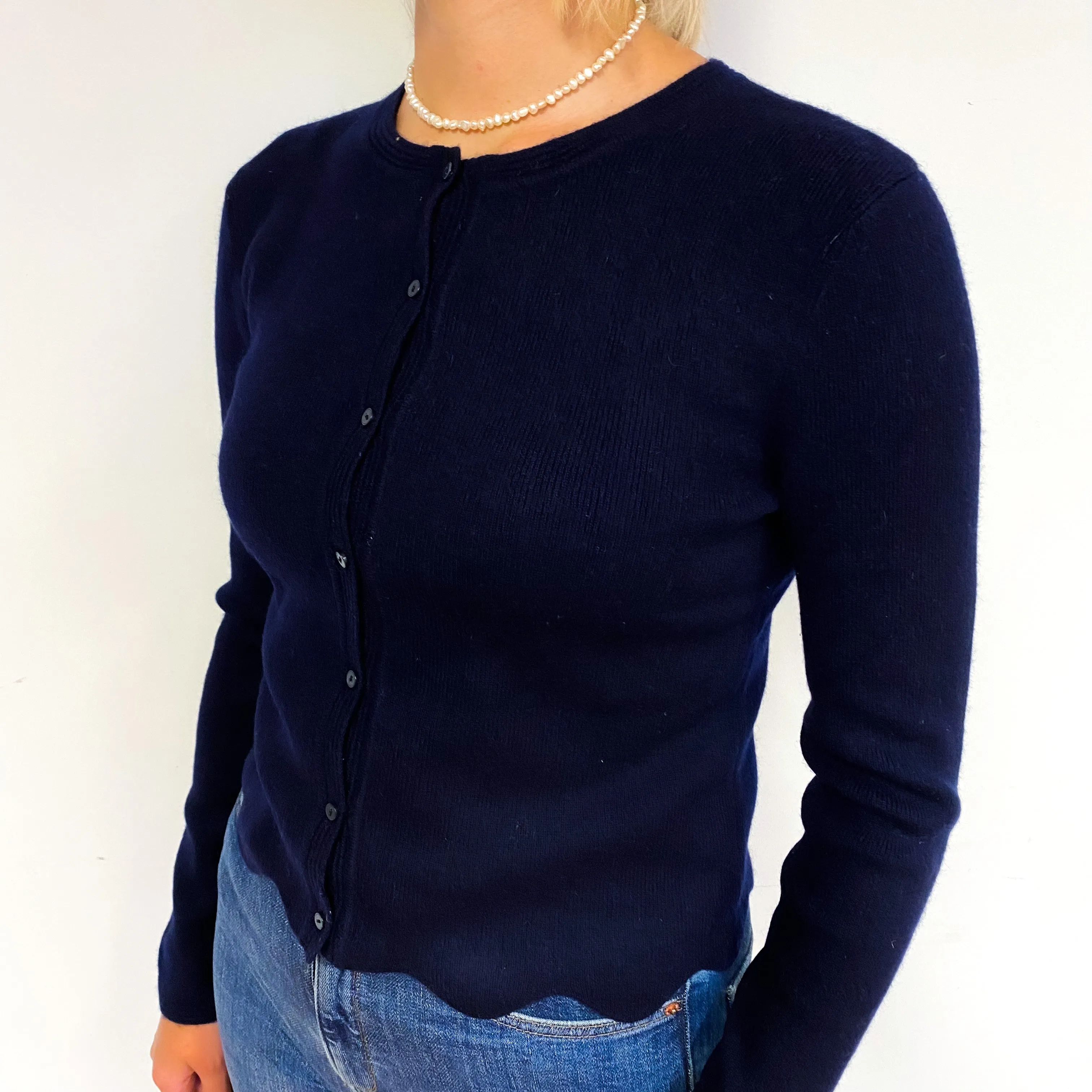 Dark Navy Scalloped Cashmere Crew Neck Cardigan Small