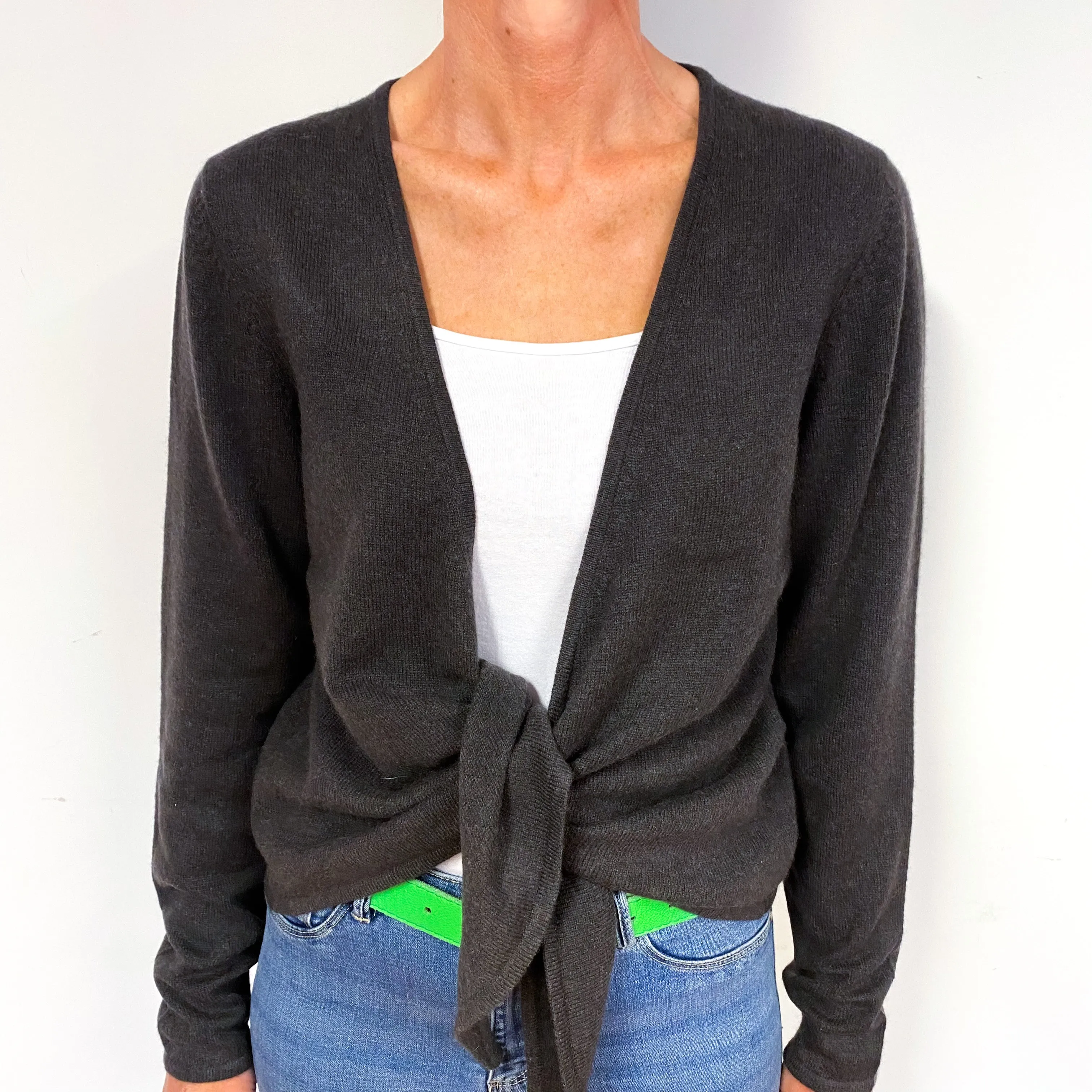 Dark Slate Grey Cashmere Tie Front Cardigan Medium