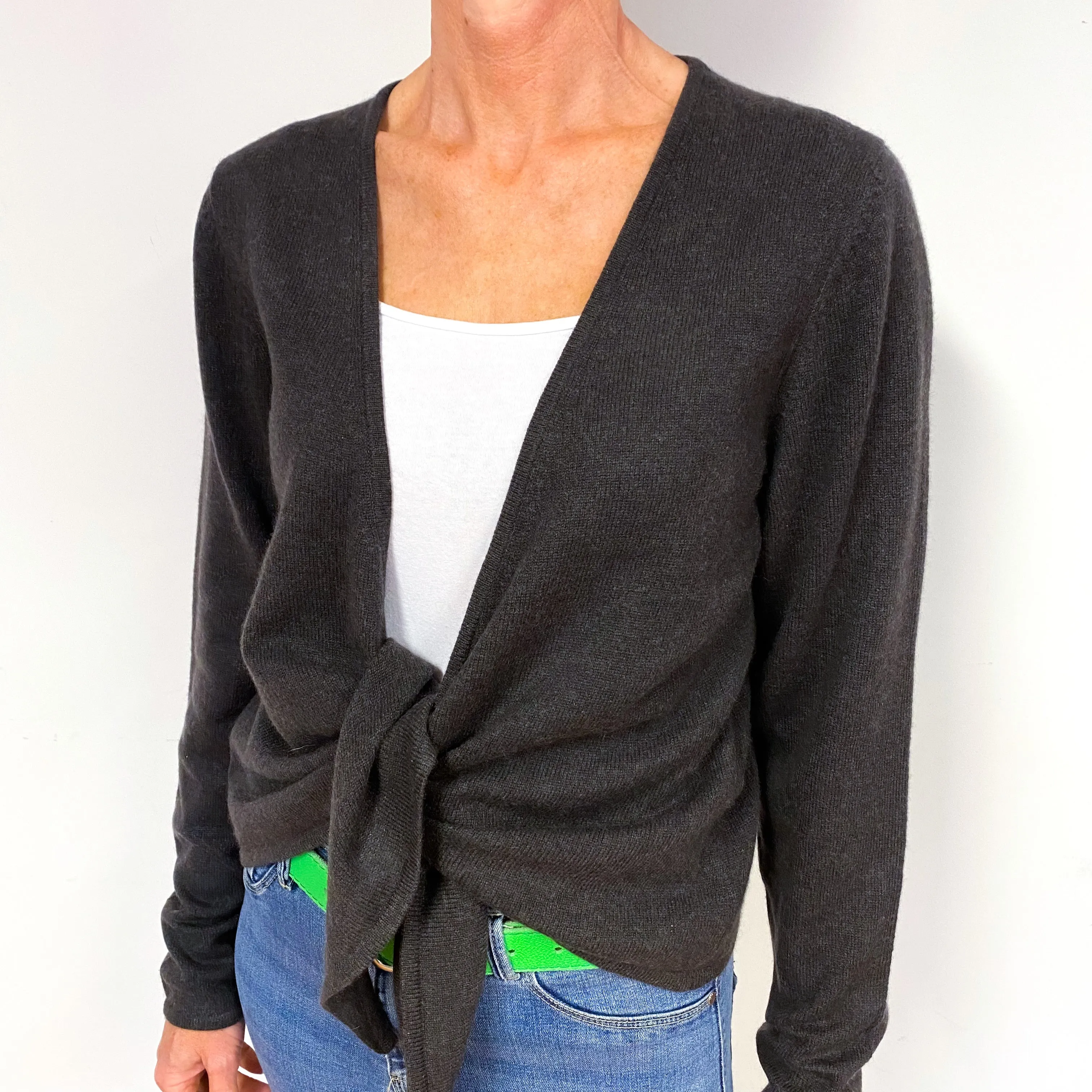 Dark Slate Grey Cashmere Tie Front Cardigan Medium