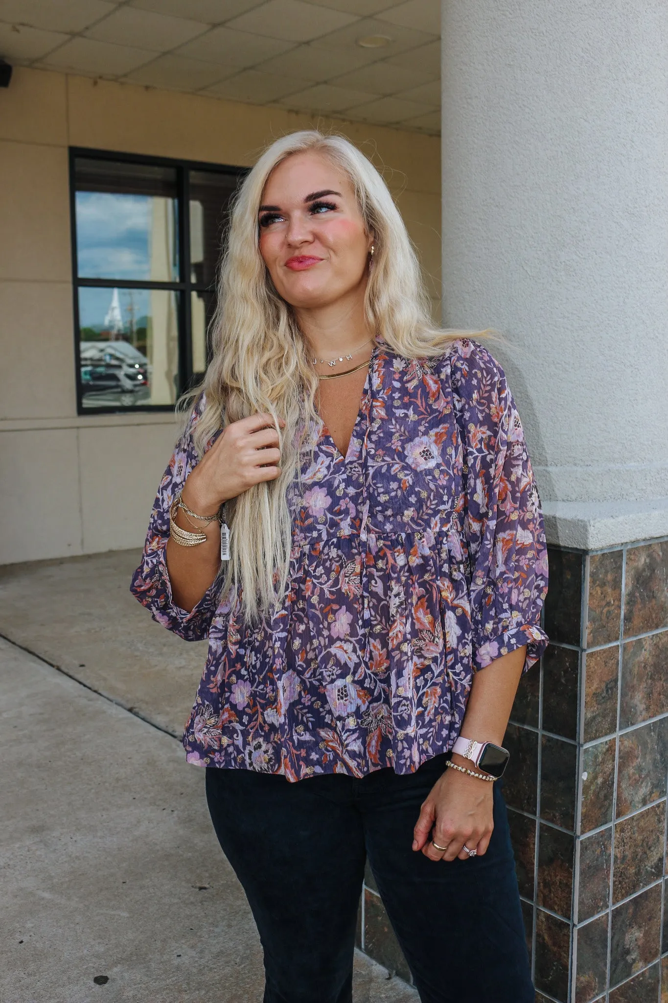 Day For It Grey Purple Floral Blouse