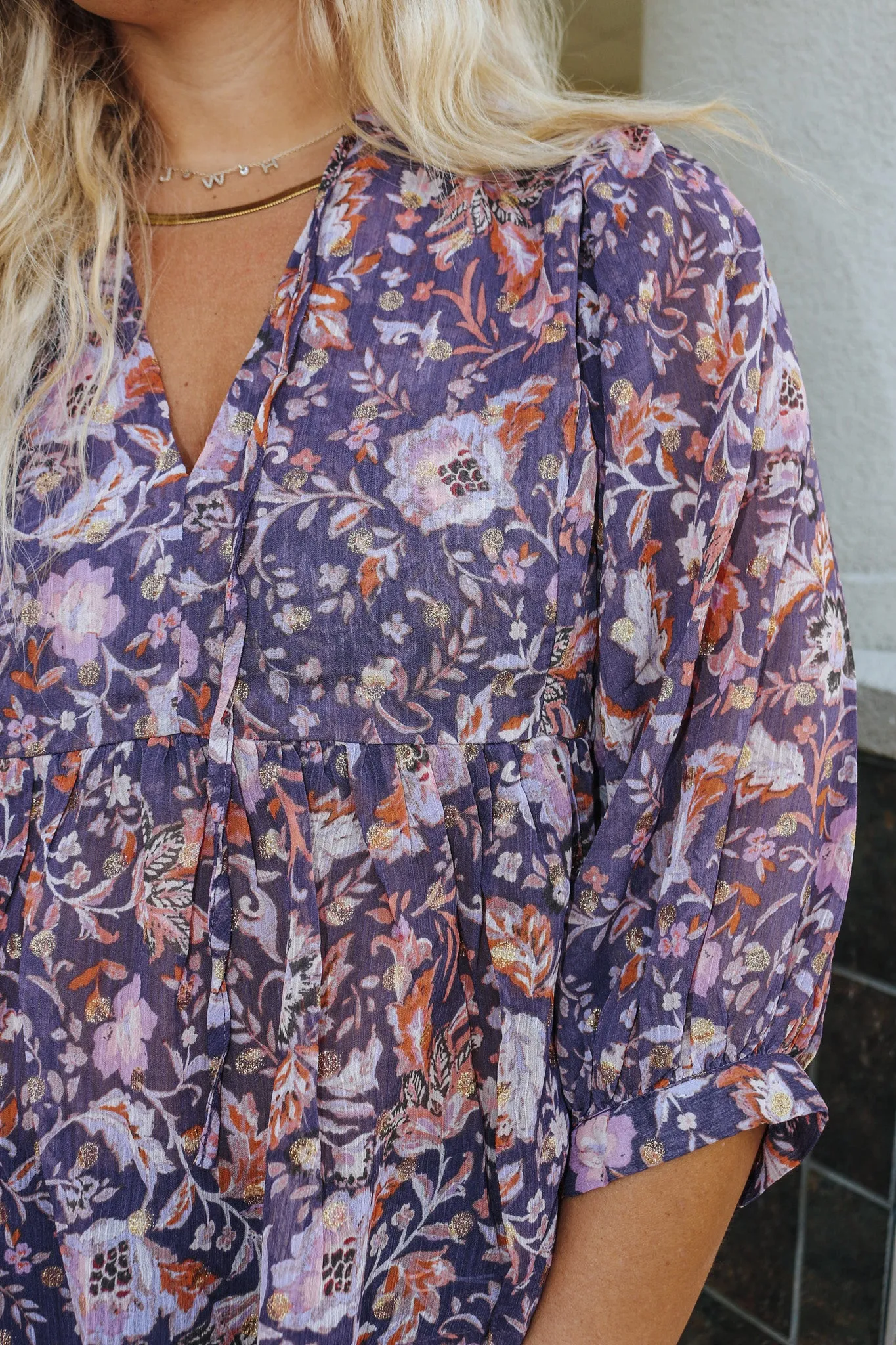 Day For It Grey Purple Floral Blouse
