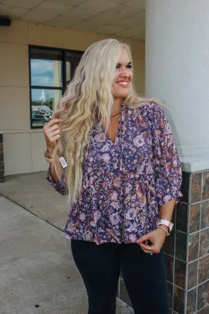 Day For It Grey Purple Floral Blouse