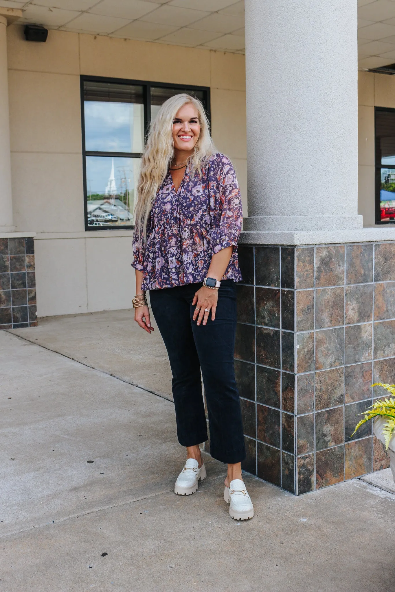 Day For It Grey Purple Floral Blouse