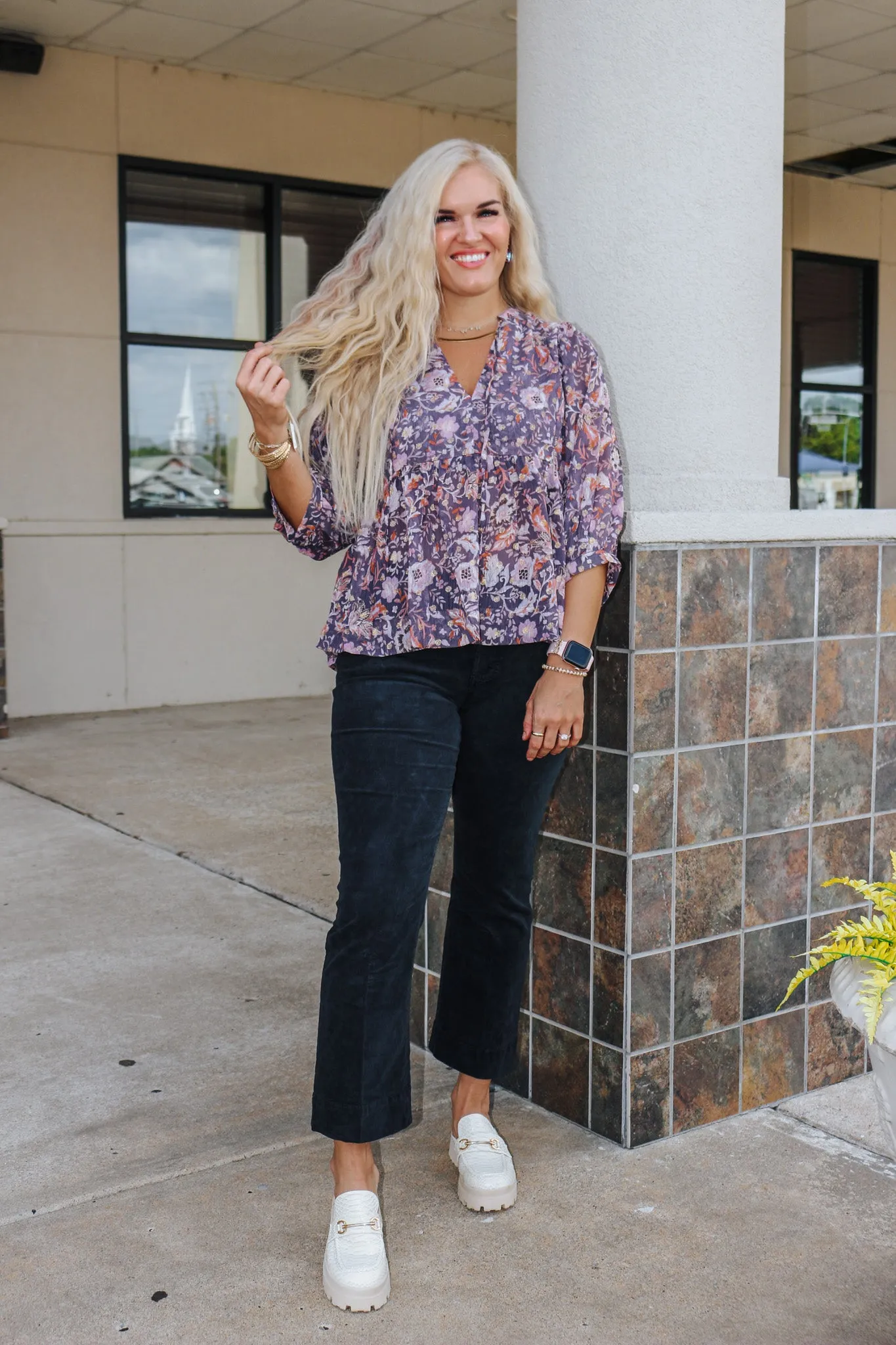 Day For It Grey Purple Floral Blouse