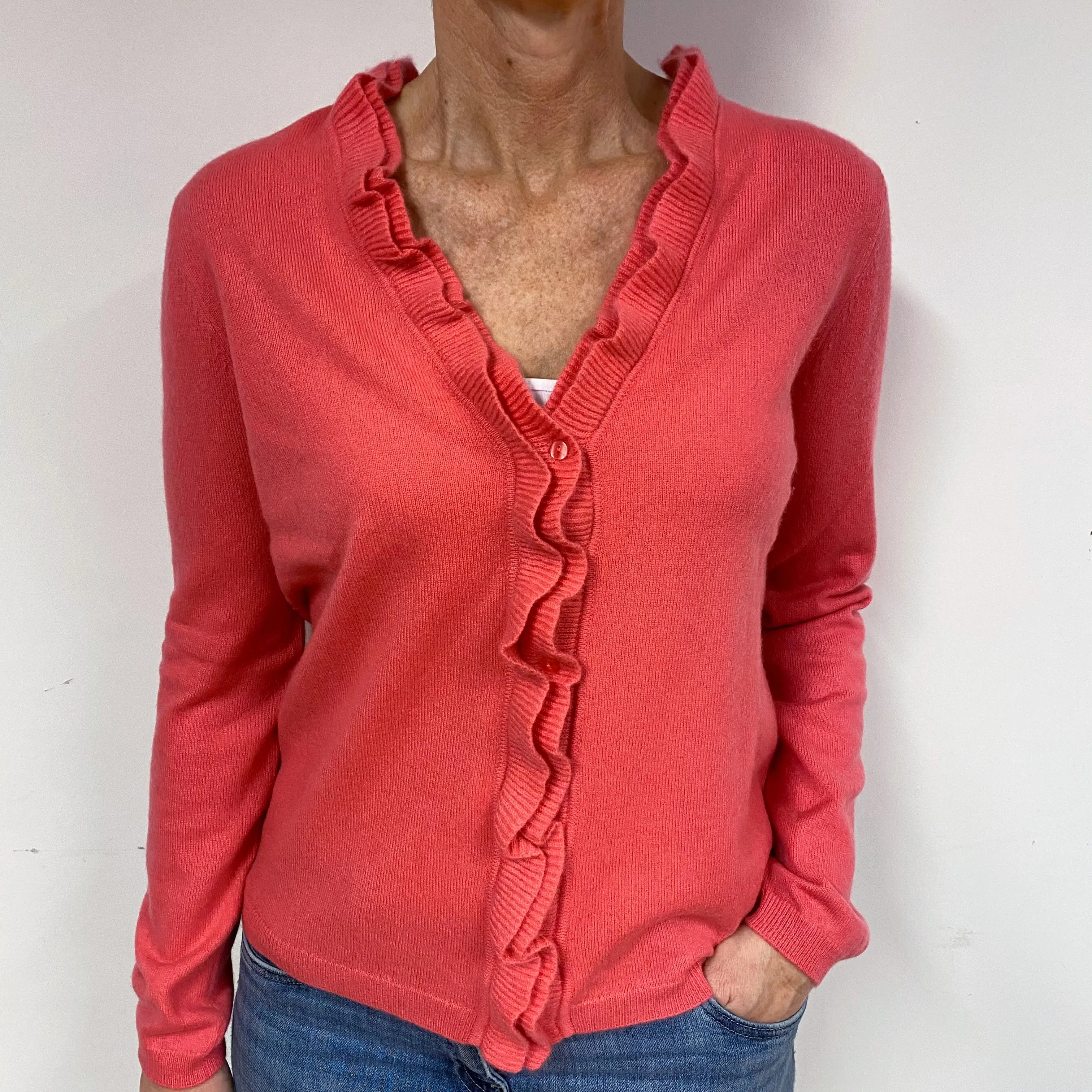 Deep Coral Pink Cashmere V-Neck Cardigan Medium