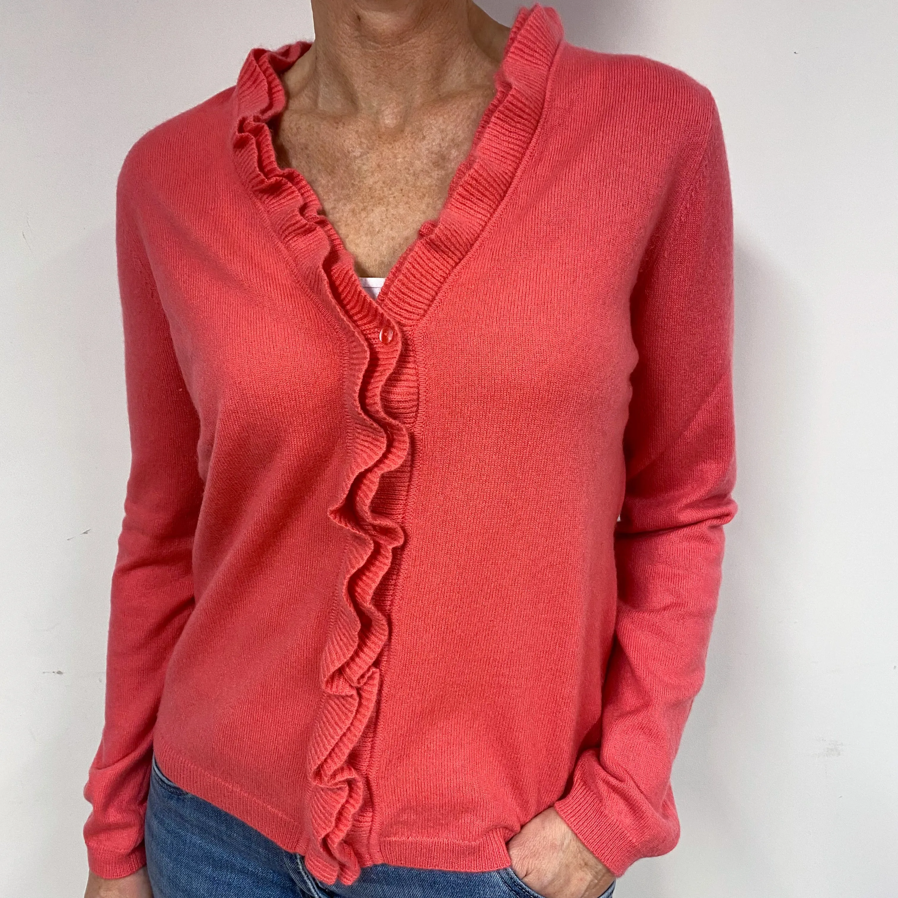 Deep Coral Pink Cashmere V-Neck Cardigan Medium
