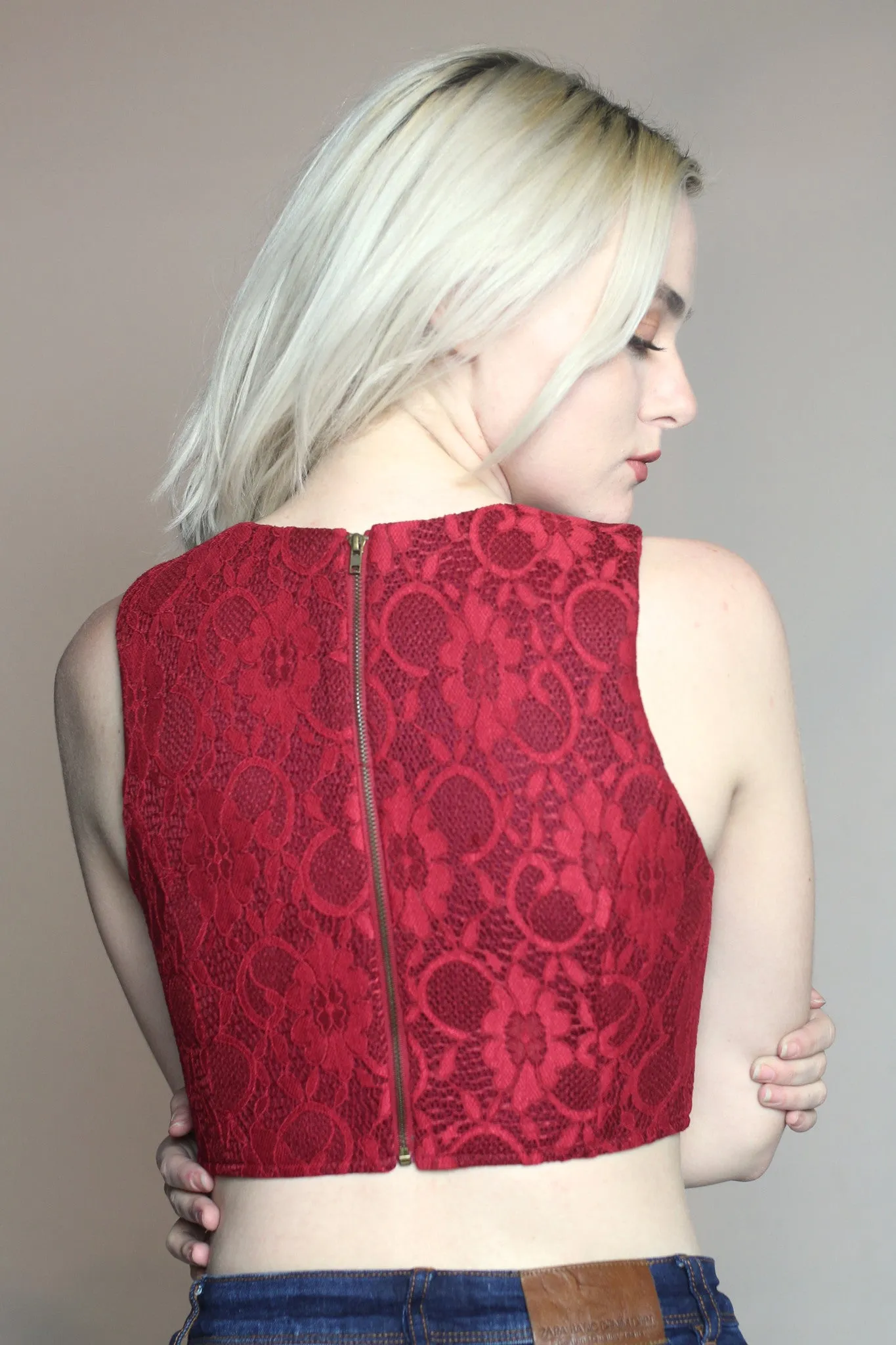 Deep Red Lace Crop Top