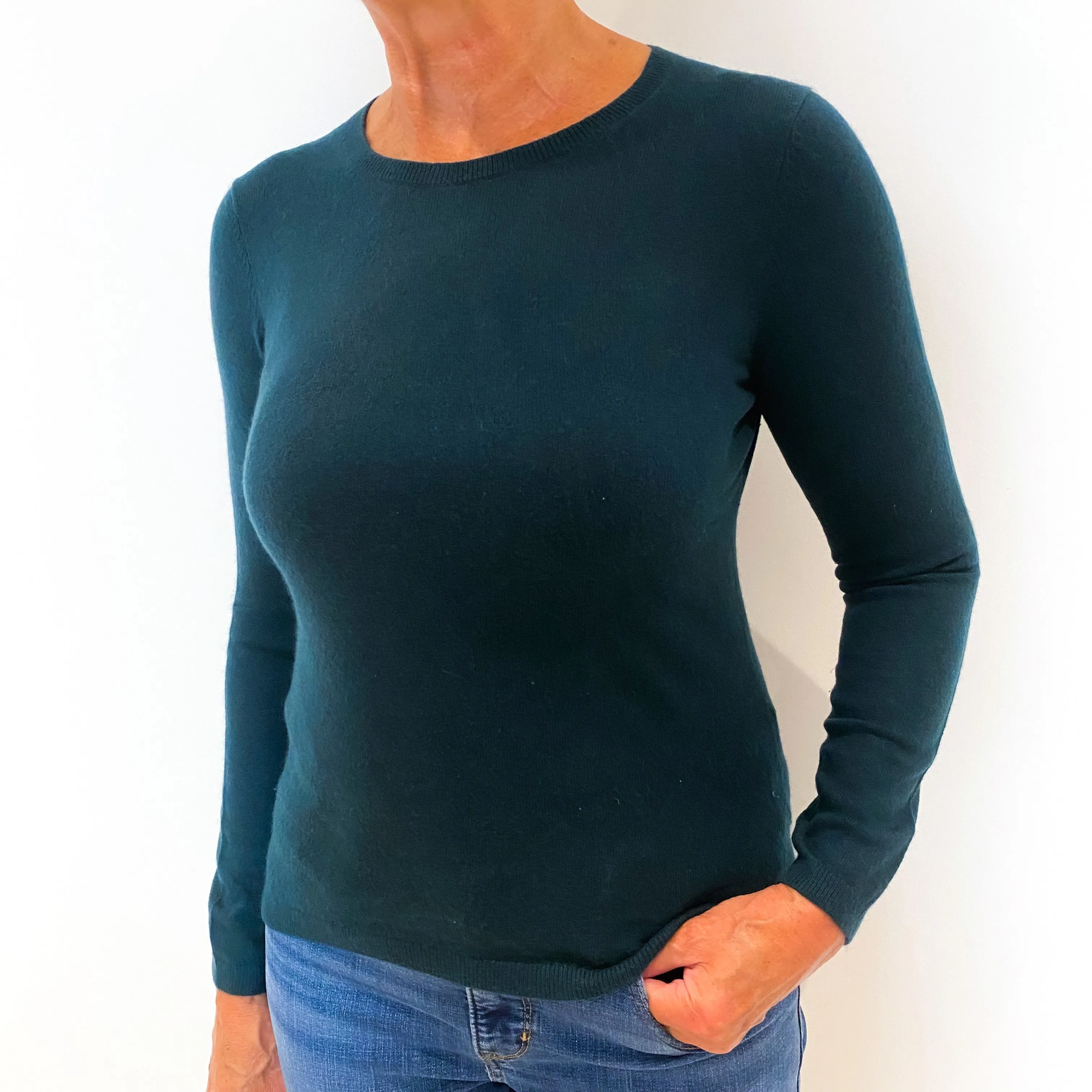 Deep Teal Green Cashmere Crew Neck Jumper Medium