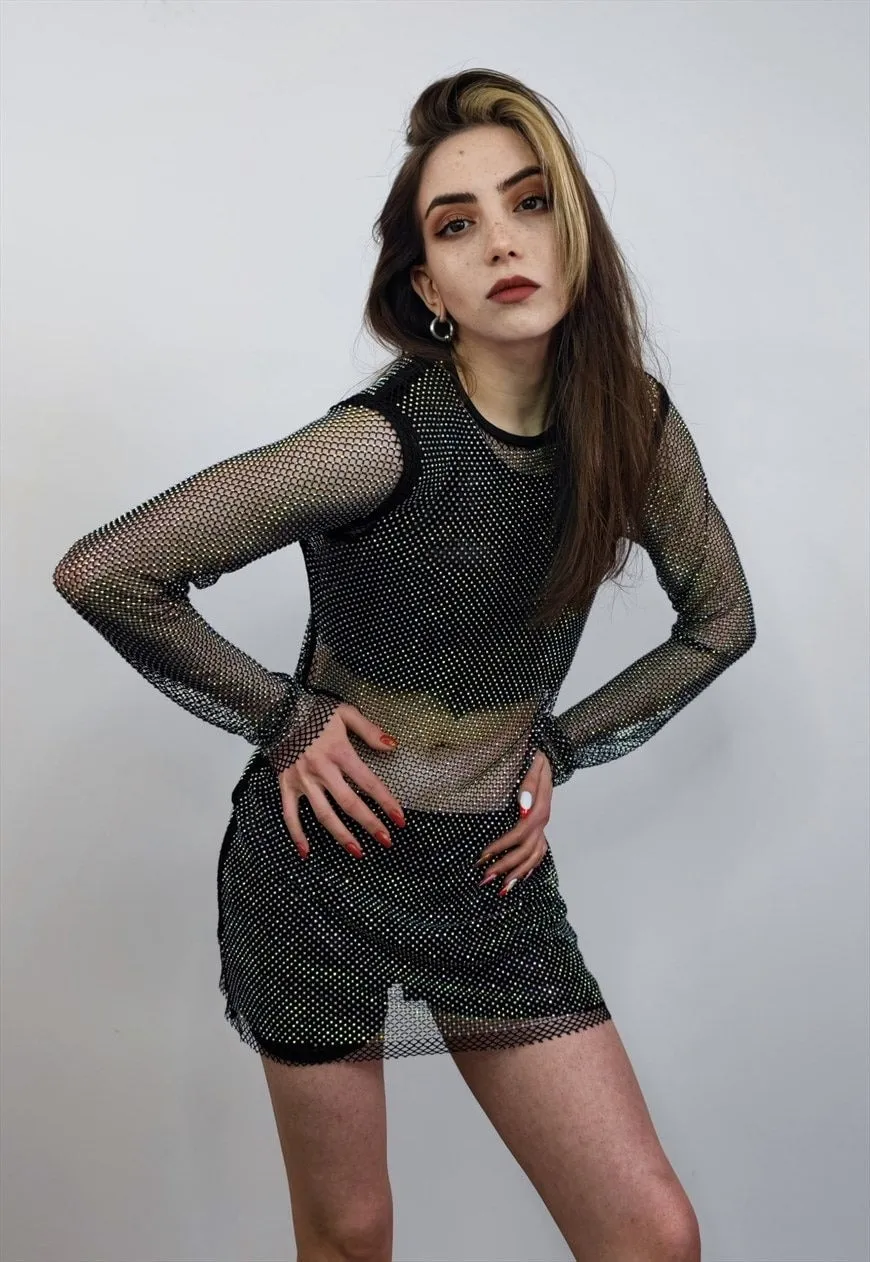 Diamante beaded mesh top transparent jumper seethrough black