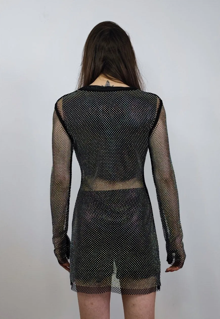 Diamante beaded mesh top transparent jumper seethrough black