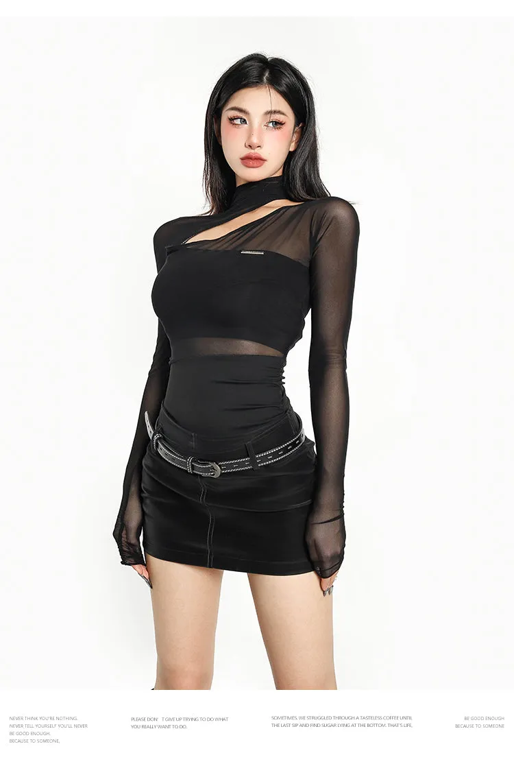 Diana Solid Color Black Mesh Patchwork Long Sleeve Bodysuit