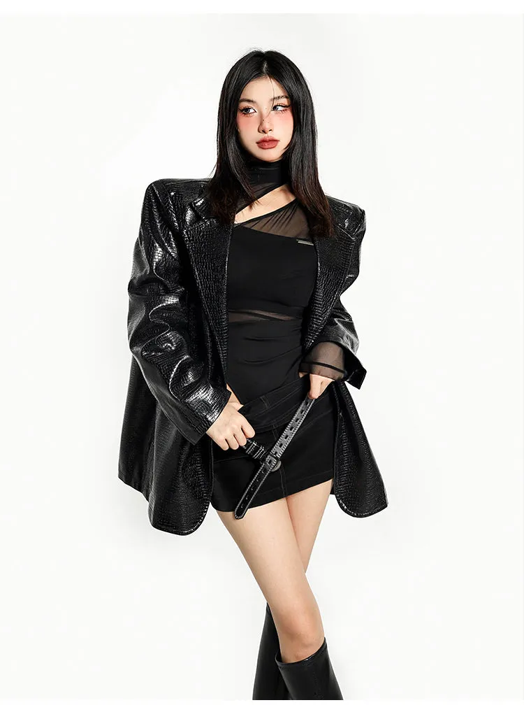 Diana Solid Color Black Mesh Patchwork Long Sleeve Bodysuit