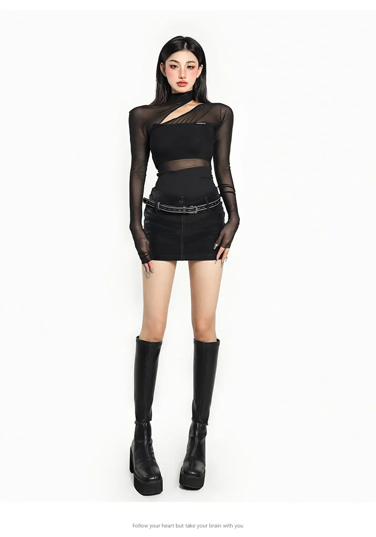 Diana Solid Color Black Mesh Patchwork Long Sleeve Bodysuit