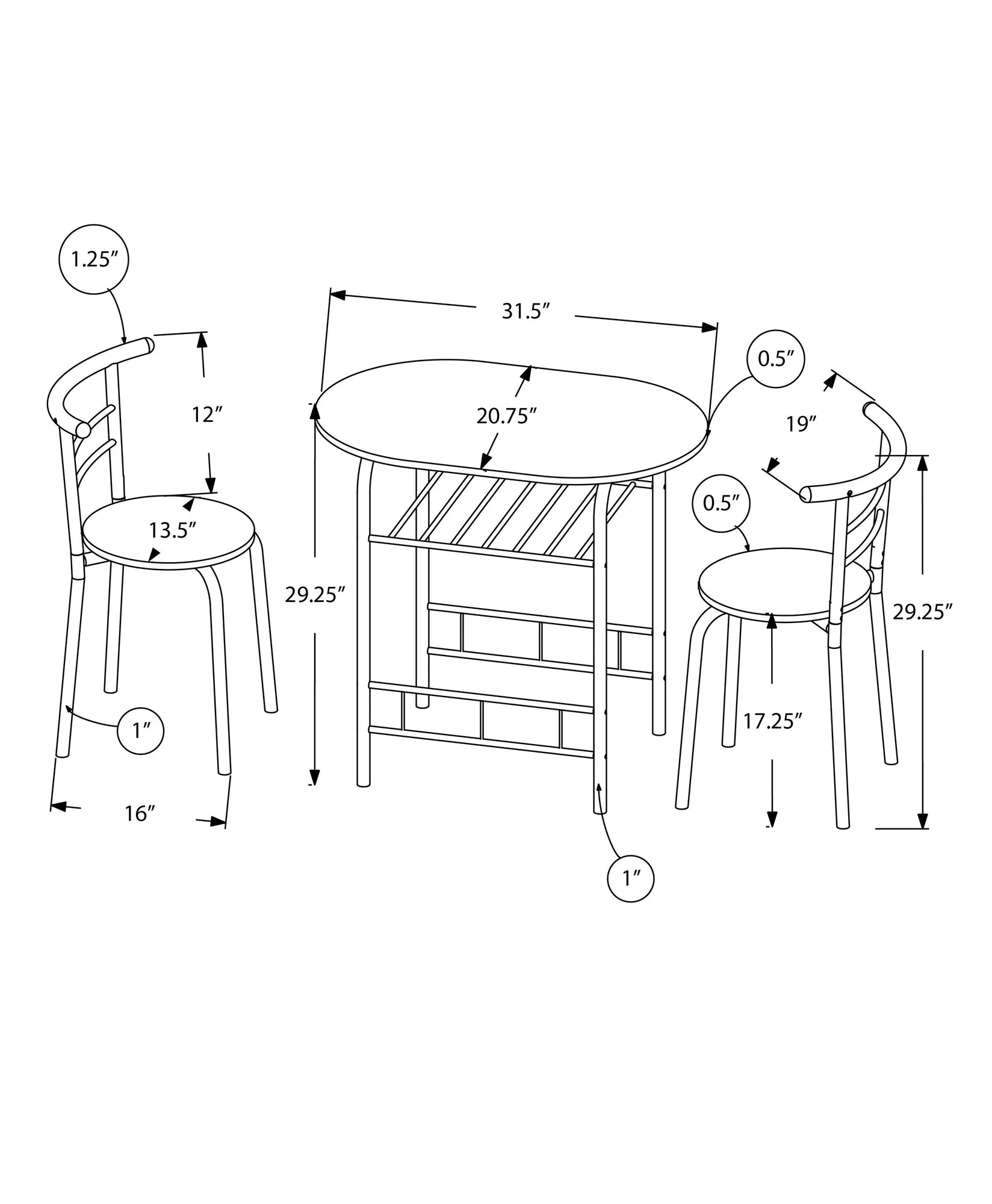 Dining Set - 3Pcs Set / Black Top / Black Metal