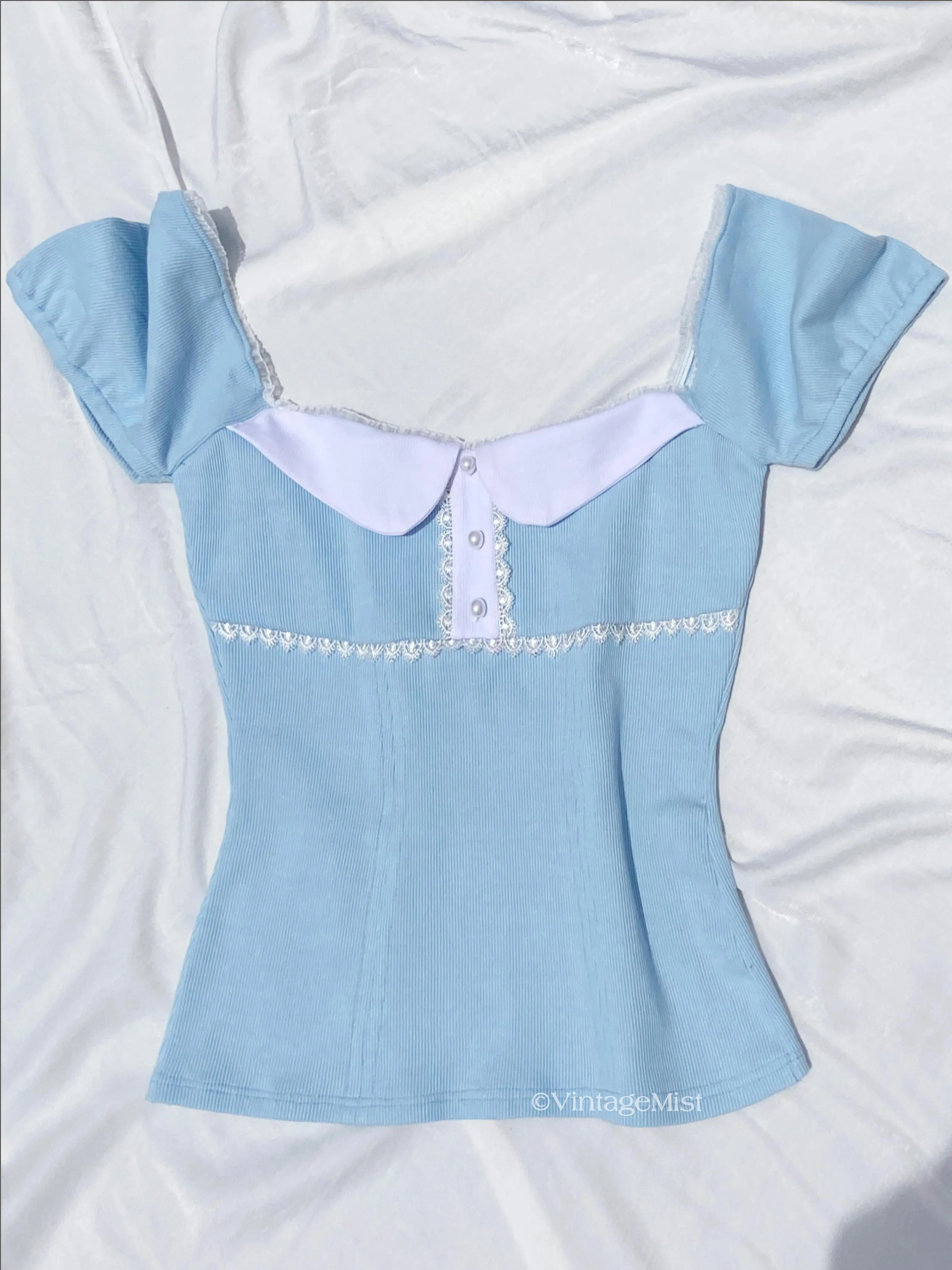 Dollette Collar Buttoned Lace Puff Sleeve Ribbed Top