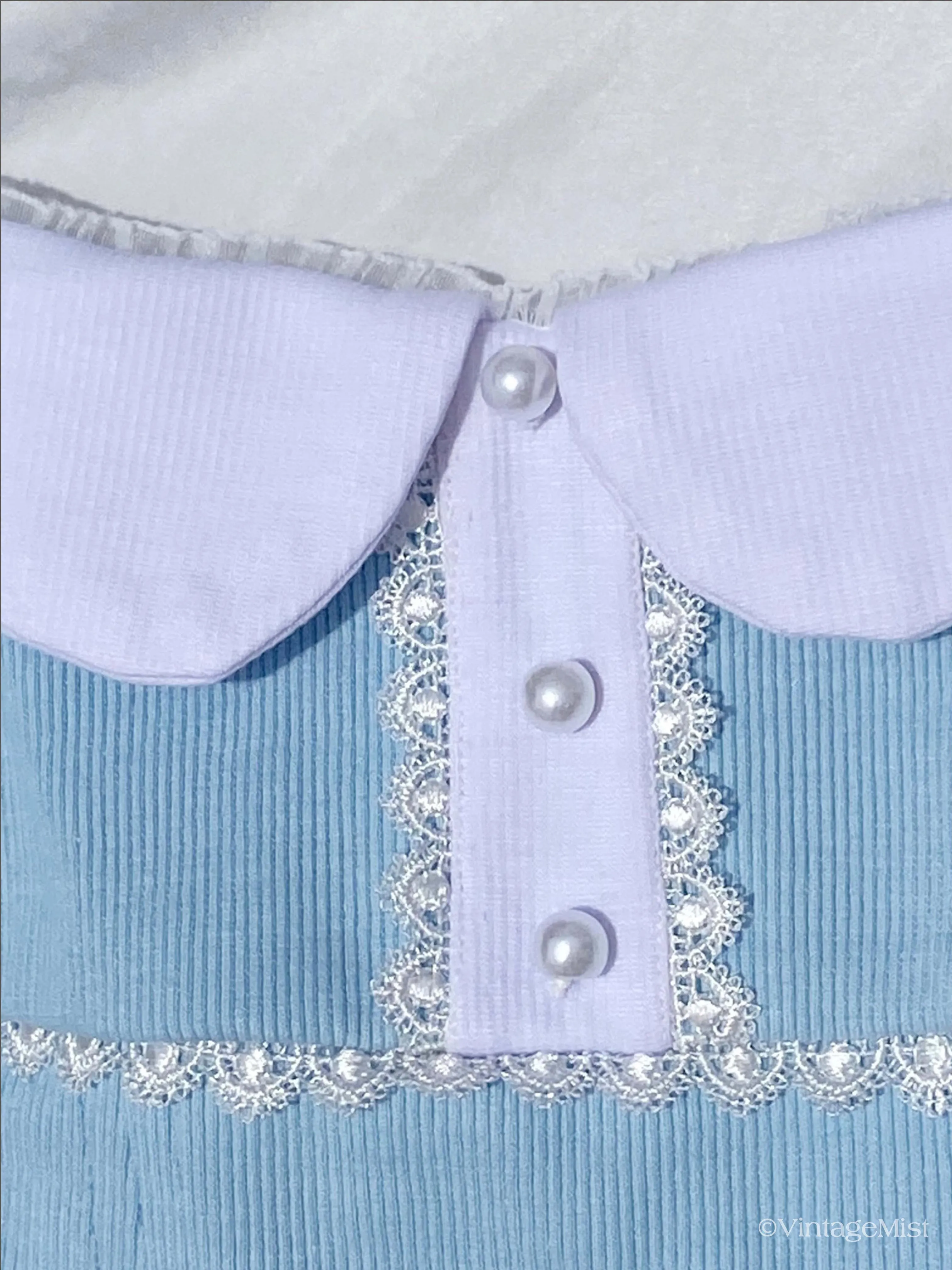 Dollette Collar Buttoned Lace Puff Sleeve Ribbed Top