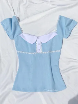 Dollette Collar Buttoned Lace Puff Sleeve Ribbed Top