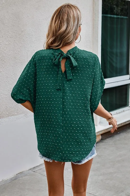 Dotted Mock Neck Drop Shoulder Blouse