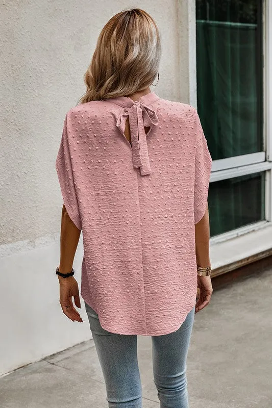 Dotted Mock Neck Drop Shoulder Blouse