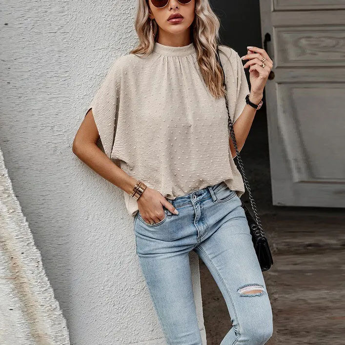 Dotted Mock Neck Drop Shoulder Blouse