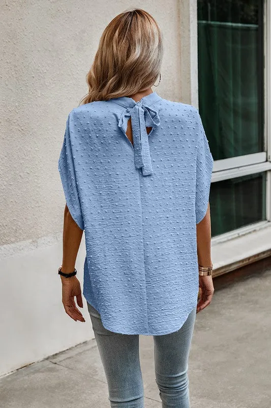 Dotted Mock Neck Drop Shoulder Blouse