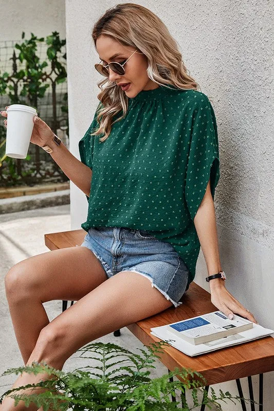 Dotted Mock Neck Drop Shoulder Blouse
