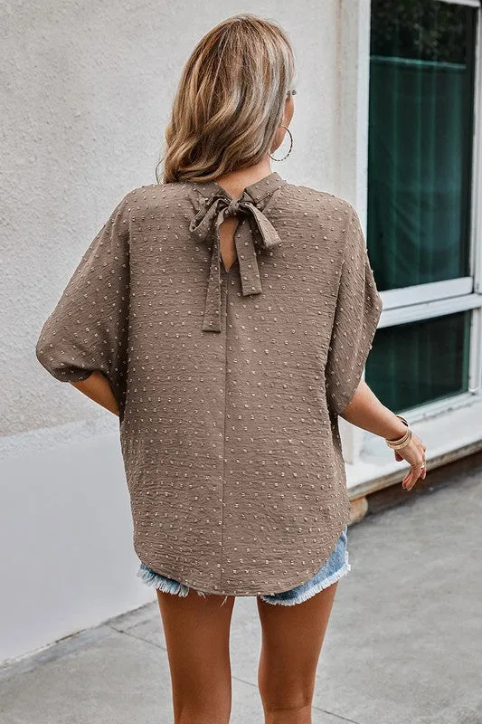 Dotted Mock Neck Drop Shoulder Blouse