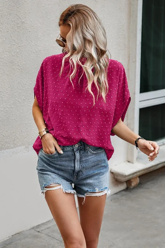Dotted Mock Neck Drop Shoulder Blouse