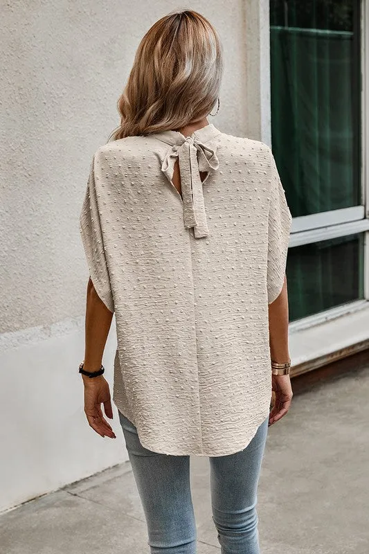 Dotted Mock Neck Drop Shoulder Blouse