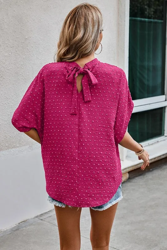 Dotted Mock Neck Drop Shoulder Blouse