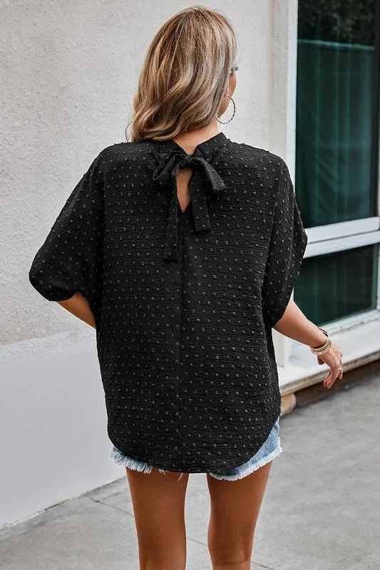 Dotted Mock Neck Drop Shoulder Blouse