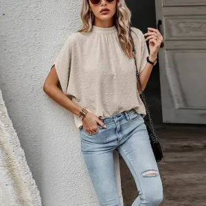 Dotted Mock Neck Drop Shoulder Blouse