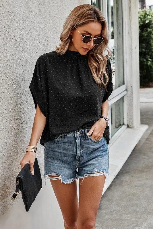 Dotted Mock Neck Drop Shoulder Blouse