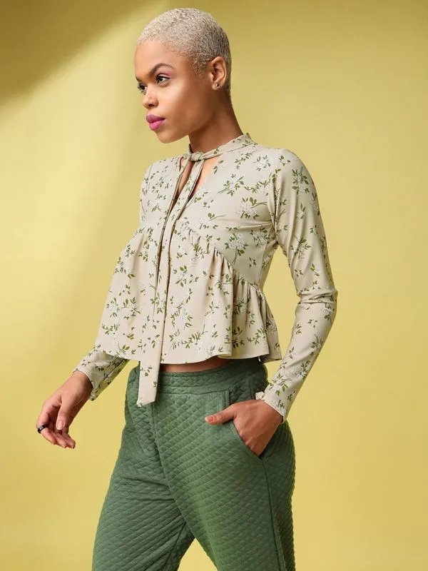 Dusty Tie-up Neck Peplum Top For Women