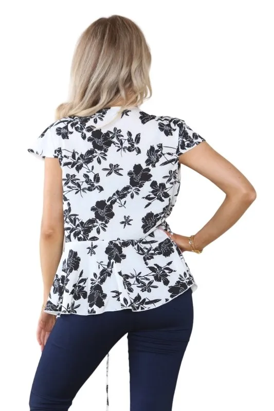 Elaina Fashion Women’s White Blouse Black Floral Open Front Tie-Up Lace Bow T-Shirt Retro Shirt Cap Sleeve Babydoll Peplum Ruffle Hem Cute Summer Streetwear Casual Top