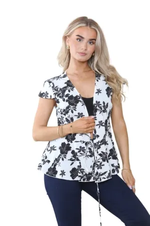 Elaina Fashion Women’s White Blouse Black Floral Open Front Tie-Up Lace Bow T-Shirt Retro Shirt Cap Sleeve Babydoll Peplum Ruffle Hem Cute Summer Streetwear Casual Top