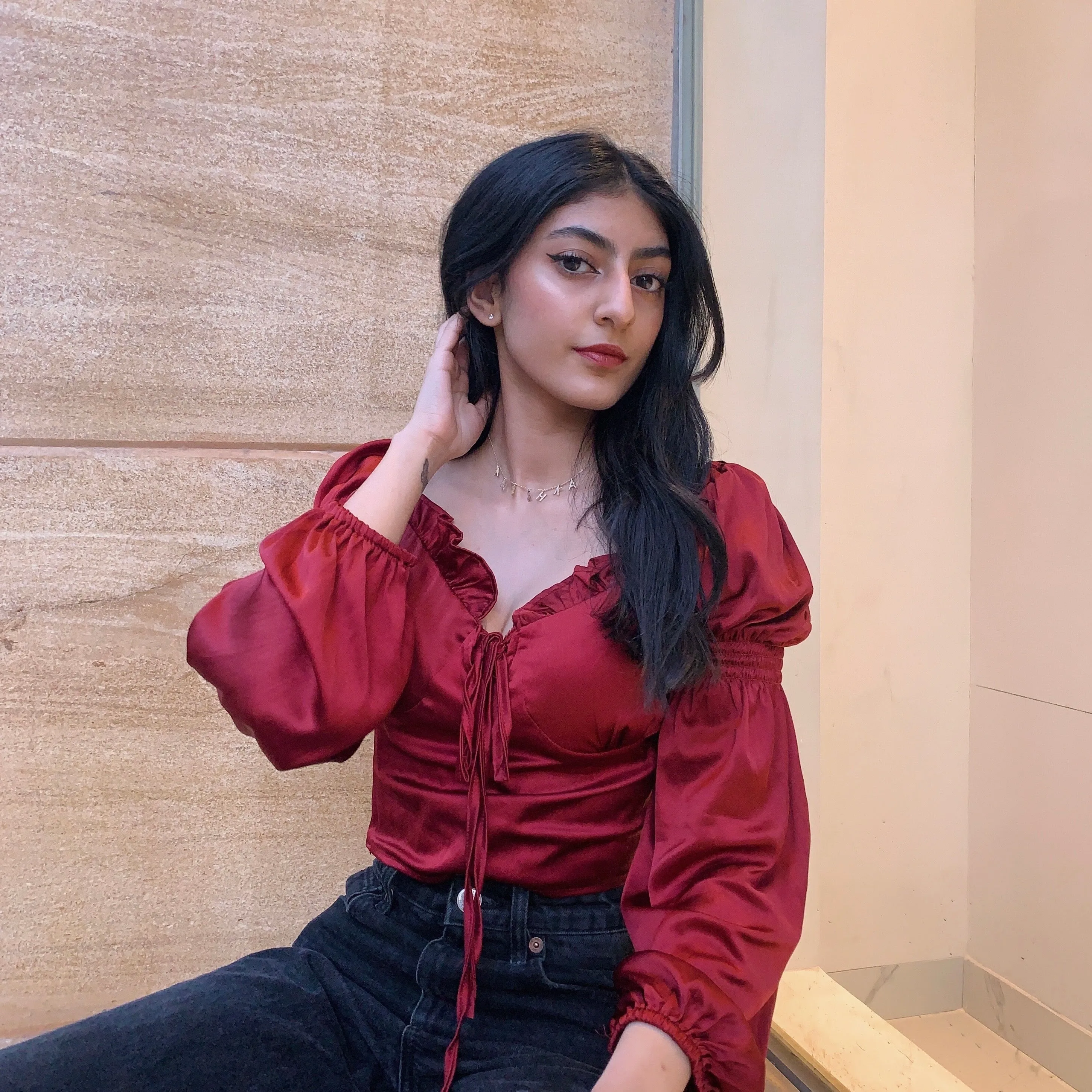 Elise maroon satin top
