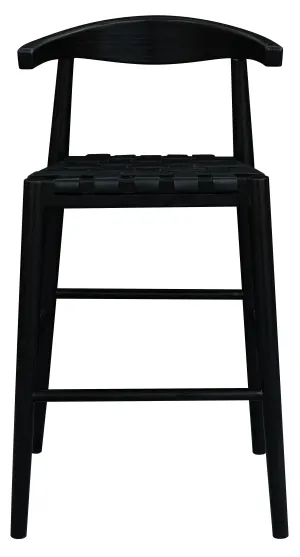Elliot Solid Oak and Genuine Woven Leather Barstool - Set of 2 (Black)
