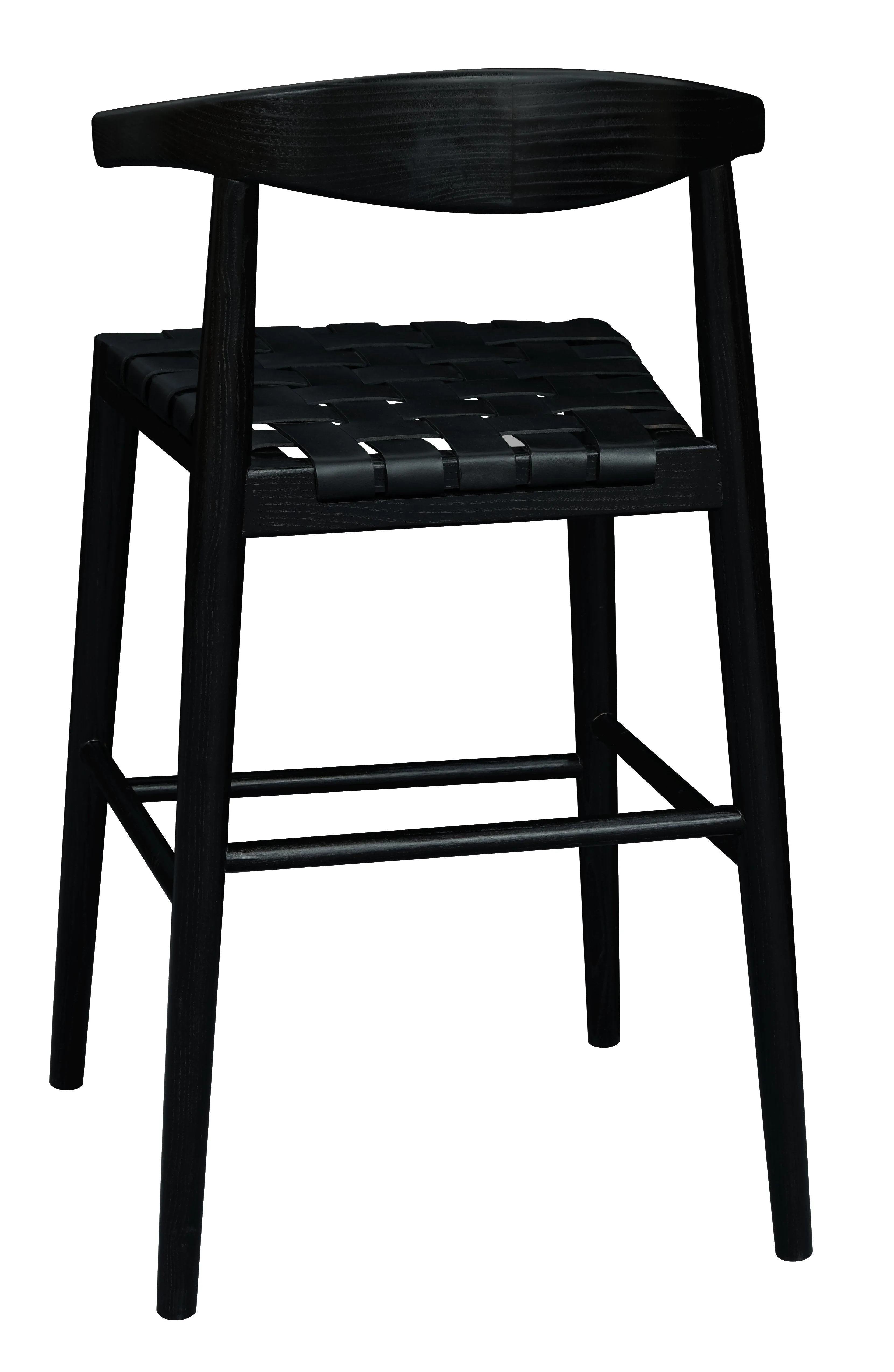 Elliot Solid Oak and Genuine Woven Leather Barstool - Set of 2 (Black)