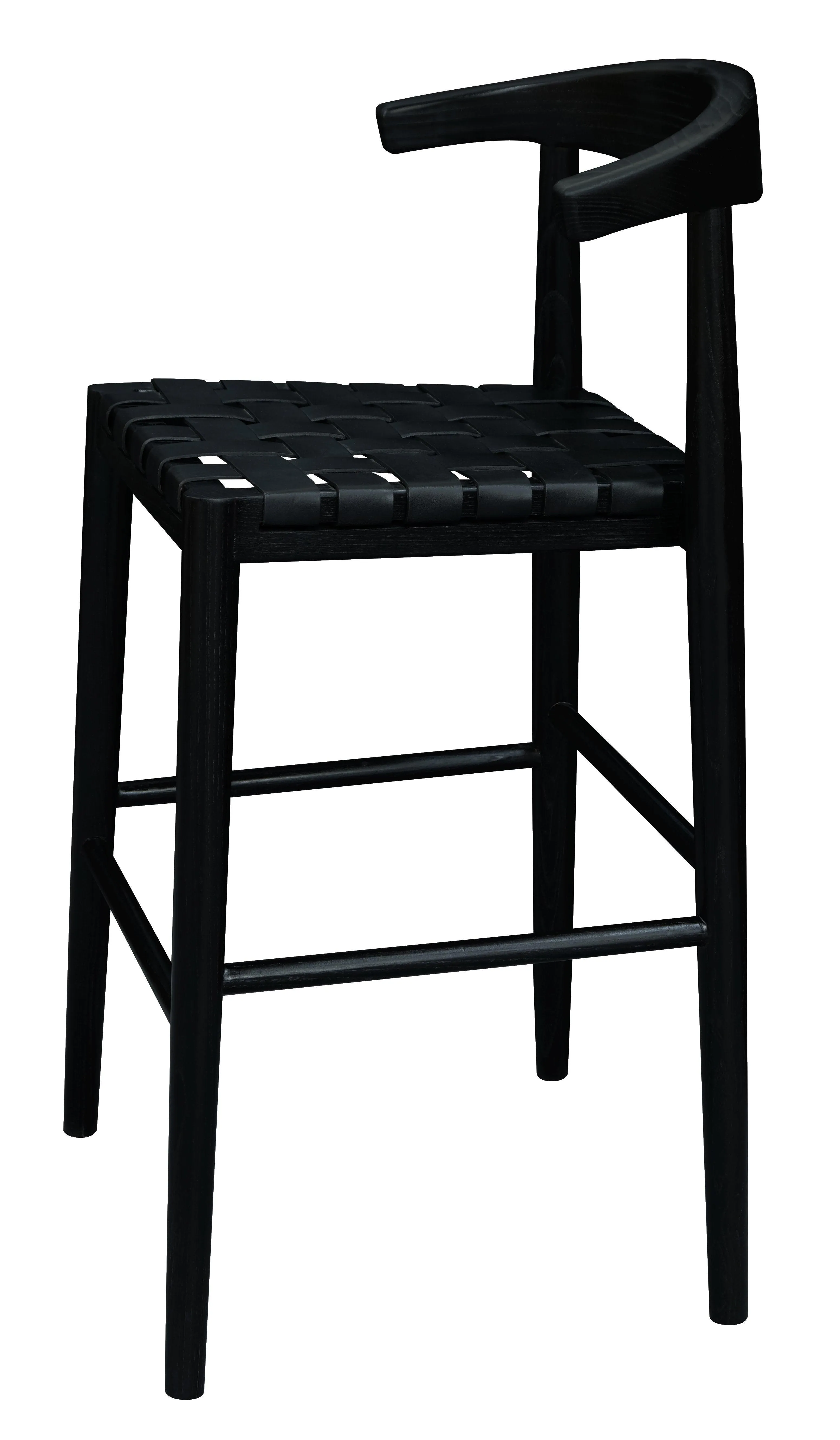 Elliot Solid Oak and Genuine Woven Leather Barstool - Set of 2 (Black)