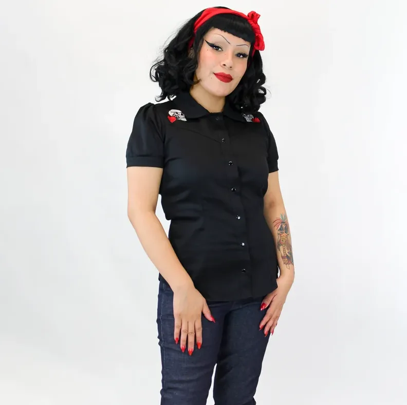 Embroidered Skulls and Roses Black Western Women Top #E-SRBWT