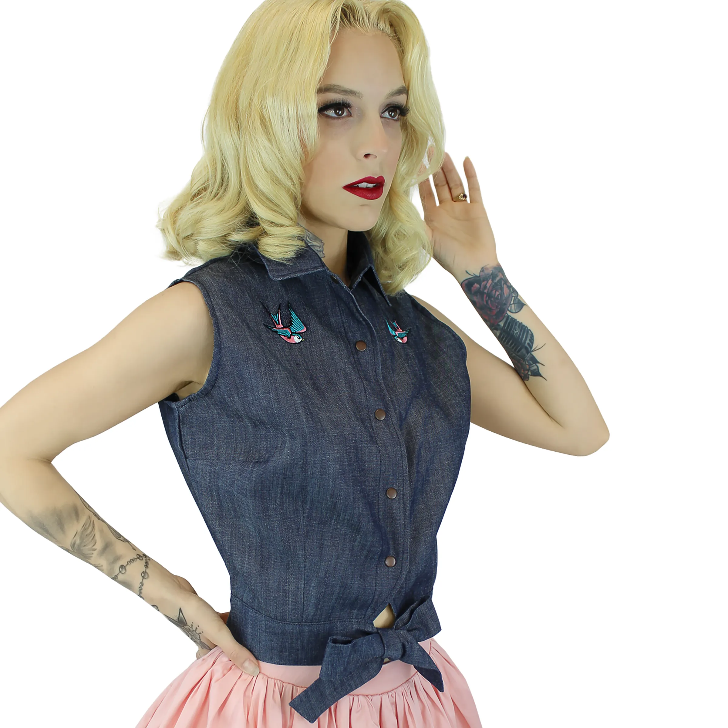 Embroidered Sparrows Denim Knot Top