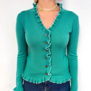 Emerald Green Ruffle Trim Cashmere V-Neck Cardigan Small