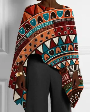 Ethnic Style Geometric Color Patchwork Print Irregular Cape Blouse