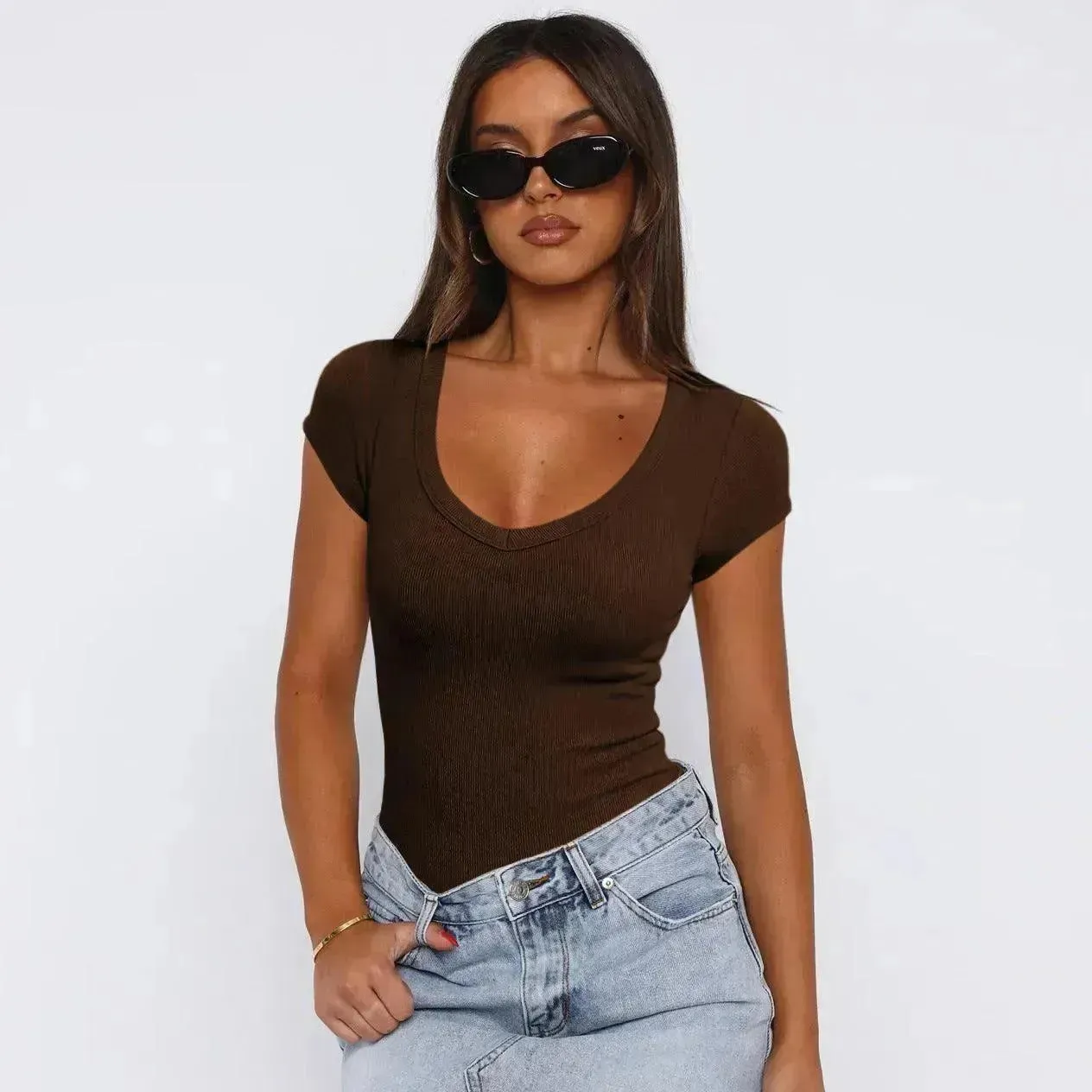Fashion Spiral Pattern Slim T-shirt Summer Solid Color Charming Short-sleeved Top For Women