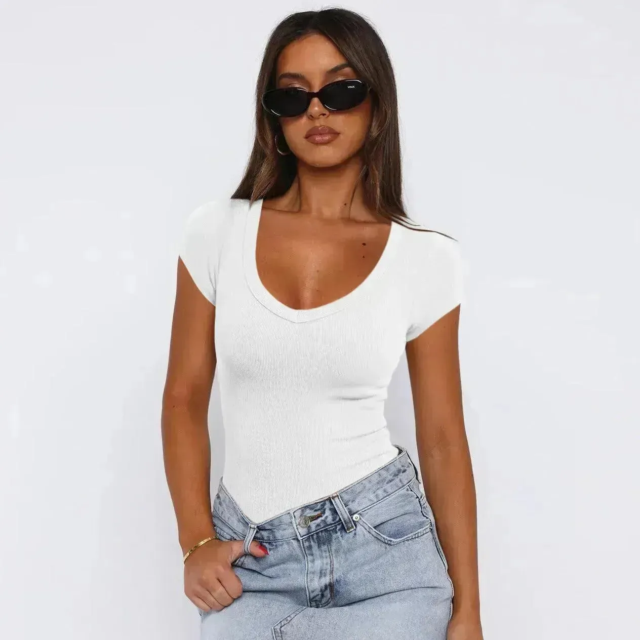 Fashion Spiral Pattern Slim T-shirt Summer Solid Color Charming Short-sleeved Top For Women