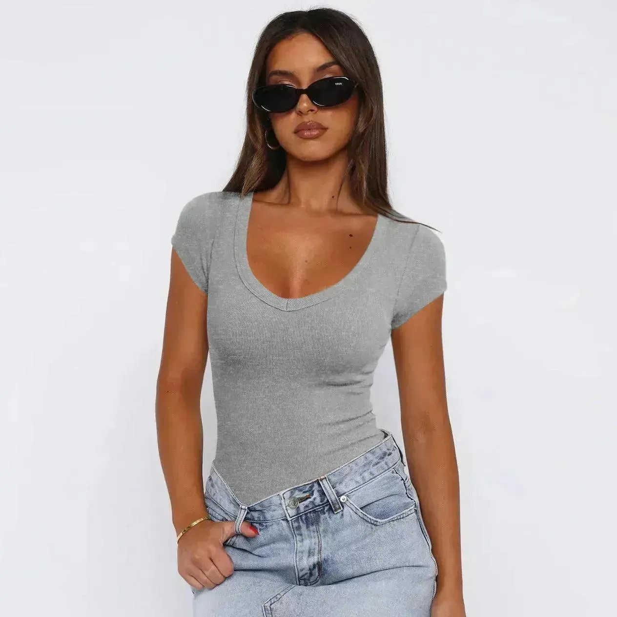 Fashion Spiral Pattern Slim T-shirt Summer Solid Color Charming Short-sleeved Top For Women